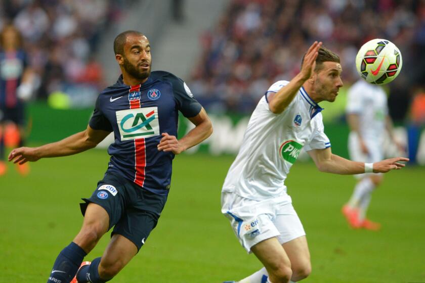 PSG's Lucas Moura during the French Cup Final soccer match, PSG vs Auxerre in Stade de France, Saint-Denis, France, on May 30th, 2015. PSG won 1-0. Photo by Henri Szwarc/ABACAPRESS.COM
