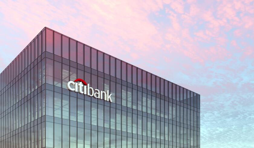 New York, USA. February 19, 2021. Editorial Use Only, 3D CGI. Citibank Signage Logo on Top of Glass Building. Workplace Financial Services Company in