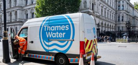 London, UK.  15 July 2026.  A workman for Thames Water at a site on Whitehall opposite Downing Street.  Thames Water has said that its existing funds may run out by November as its annual results show that the company had only met 55% of its regulated tar