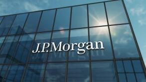 New York, USA, May 31, 2023: J.P.Morgan bank corporation headquarters glass building concept. JP Morgan banking company symbol on front facade 3d illu