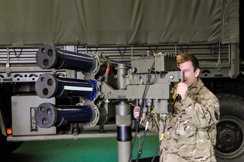 British soldier uses a Thales Starstreak anti-aircraft missile launch system