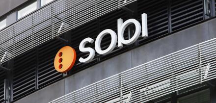 Solna, Swedan - September 2, 2021: Close-up view of the biopharmaceutical company Sobi (Swedish Orphan Biovitrum AB) logo on the head office building.