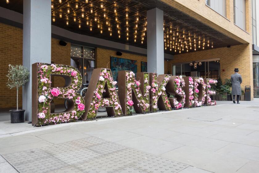 Floral display outside Hilton Hotel, Great Suffolk Street, Bankside, London, SE1, UK