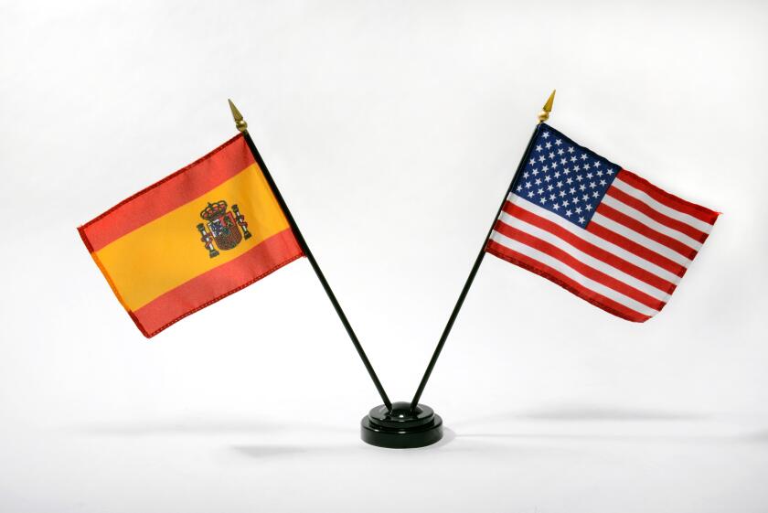 Stamford, Connecticut.  27th January, 2017.  Spanish and US dekstop flags.