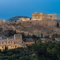 Acropolis of Athens in Greece at night.