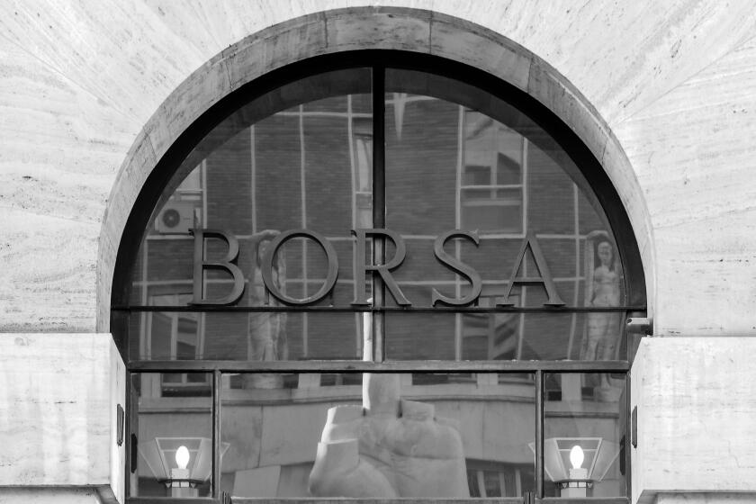 Close up of the main portal at the entrance of Borsa Italiana, the headquarters of Italian Stock exchange in Milan