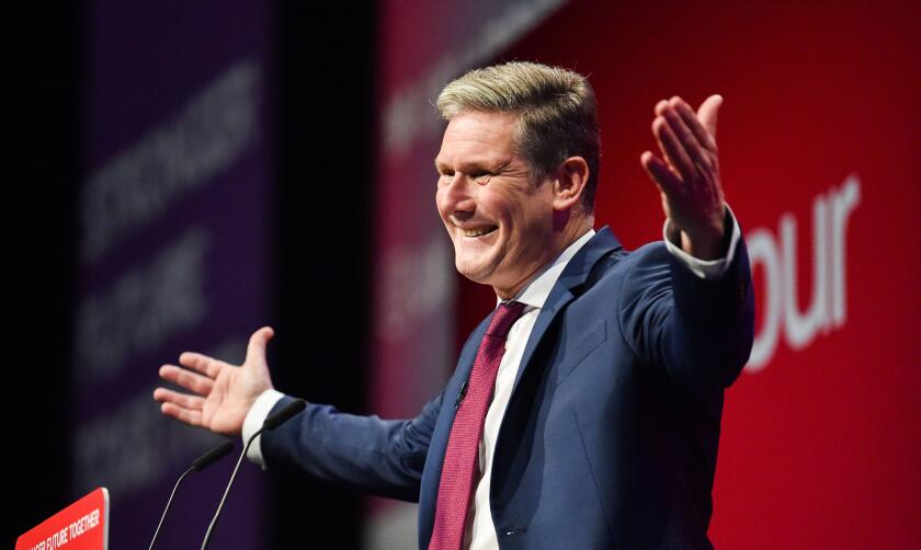 Brighton UK 29th September 2021 - Sir Keir Starmer giving his speech to the Labour Party Conference today at the Brighton Centre  : Credit Simon Dack / Alamy Live News