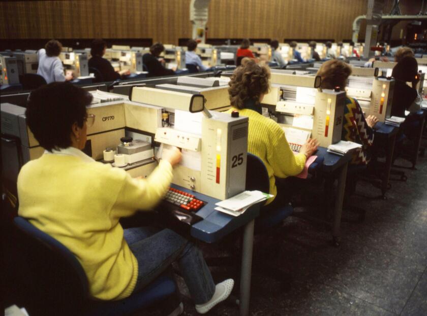 Hagen. Main post office. Mainly woman's jobs in letter distribution, 1988