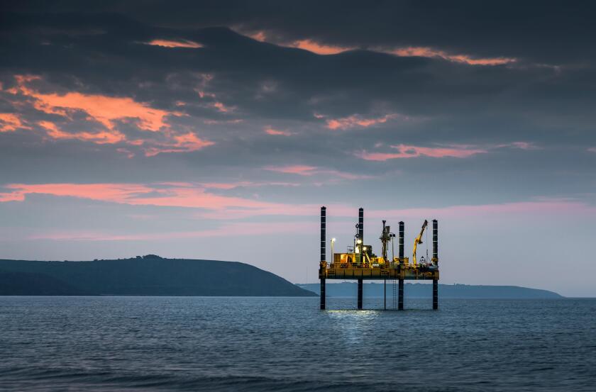 Youghal, Cork, Ireland. 25th May, 2018. An exploratory Drilling Rig which is carrying out a feasibility study of the seabed to assess its suitability 