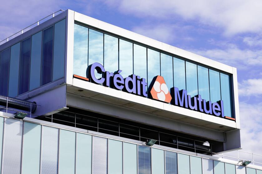 credit mutuel french bank logo signage on modern office building facade headoffice