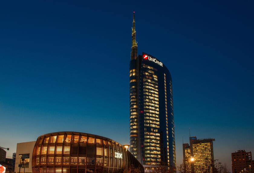 Milan Italy 4 December 2019:Piazza Gae Aulenti represents the new face, symbol of the city that changes and looks to the future.