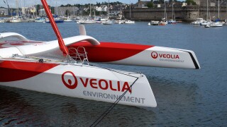 Trimaran Veolia Environnement,race boat in Concarneau harbour,Brittany,Bretagne,Finistere, France