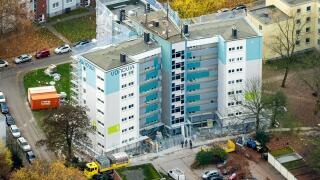 Aerial view, renovations VONOVIA skyscraper and settlement Narcissus Road, social housing, rental housing, Bochum, Ruhr aeria,