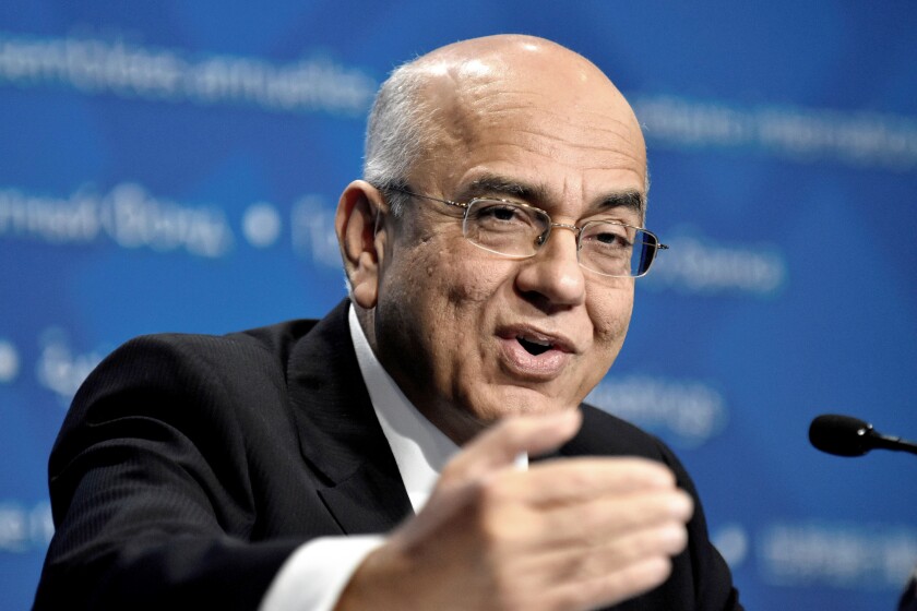 Masood Ahmed, Director of the IMF's Middle East and Central Asia Department, briefs reporters during the annual meetings of the IMF and World Bank Group in Washington October 7, 2016. REUTERS/James Lawler Duggan