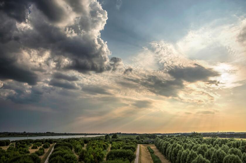 Dramatic skies with low sun and dark clouds approaching over the island of IJsselmonde and the Oude Maas river as seen from the artificial hill at Car