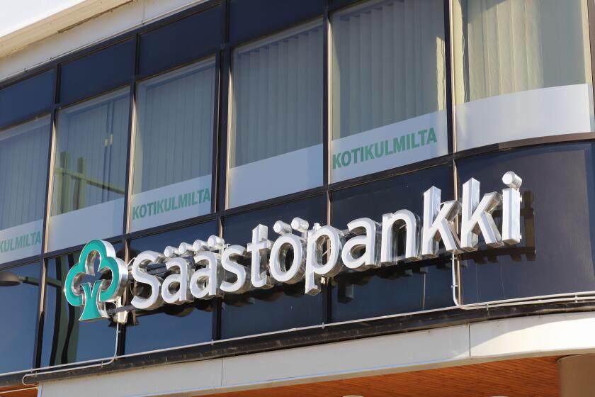 Tornio, Finland - August 29, 2022: The Finnish savings bank Sastopankki logotype at the bank office in the city center.