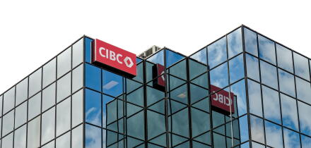 Sydney, Nova Scotia - Aug. 17, 2023: CIBC logo at the CIBC Banking Center in the Commerce Tower downtown.