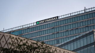 Building of the BNP Paribas bank in the capital city of Germany. Architecture with a lot of glass on the facade. Financial investment business.