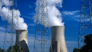 Cooling Towers & Electricity Pylons of Tricastin Nuclear Power Plant, or Nuclear Power Station, Rhone Valley, France