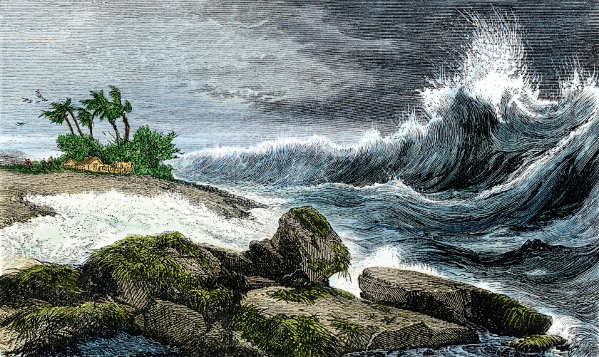 Tsunami wave breaking on the shore of Hawaii 1800s. Hand-colored woodcut