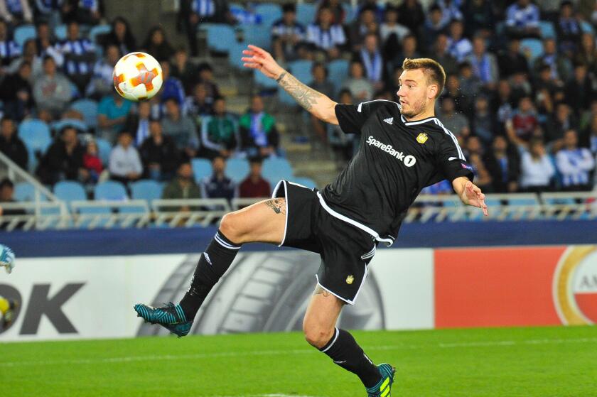 Nicklas Bendtner of Real Sociedad kick the ball during the UEFA Europa League Group L football match between Real Sociedad and Rosenborg BK at the Anoeta Stadium in San Sebastian, Spain on September 14, 2017. (Photo by Jose Ignacio Unanue/NurPhoto)