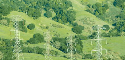 Electricty Pylons and Lines at Briones Reservoir, Contra Costa County, California.