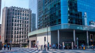 Reflections in the glass of office buildings at Aldgate in the City of London