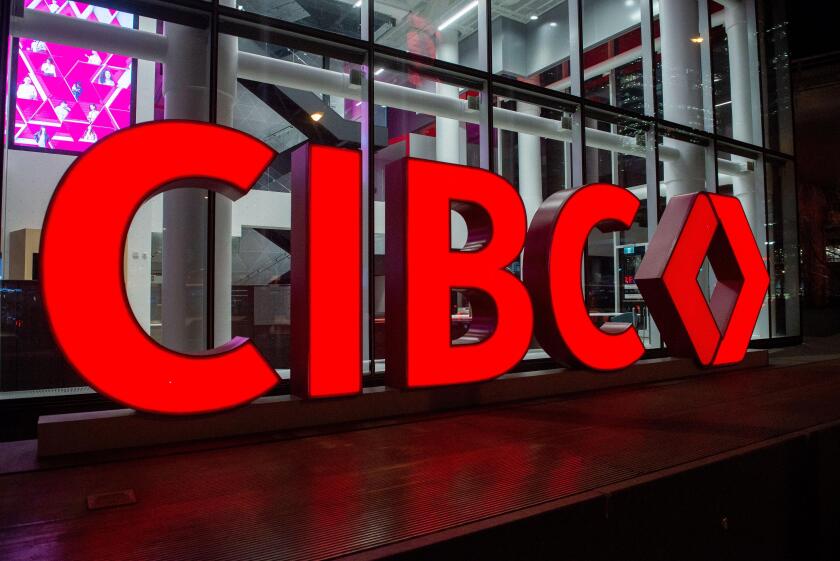 Toronto, ON, Canada ? August 17, 2023: Close-up of CIBC sign on the building. Canadian Imperial Bank of Commerce (CIBC) is a Canadian banking corporat