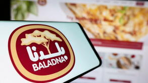 Stuttgart, Germany, 11-03-2023: Person holding cellphone with logo of Qatari dairy and food company Baladna in front of business website. Focus on