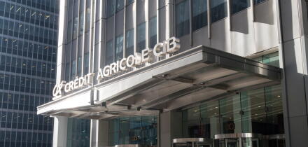 Credit Agricole CIB Building Entrance on Sixth Avenue, NYC, USA
