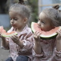 Little caucasian twins girls eating watermelon. Children sisters sitting together. Family time.