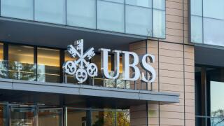 Closeup of UBS logo sign above the entrance. Stamford, CT, USA.