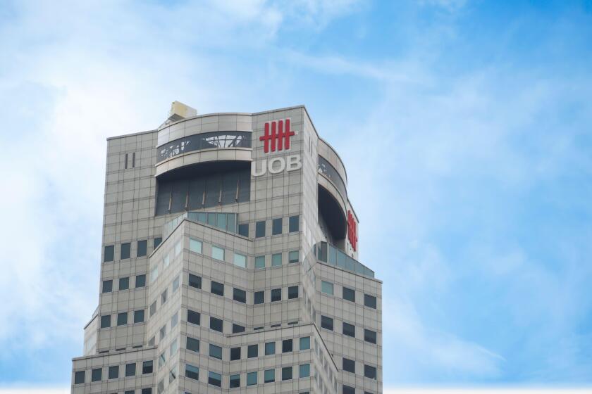 Singapore 1 june 2022. UOB bank logo on financial building