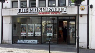 Mutual Principality Building Society shop front windows entrance to Banking and financial services premises in Bridgend Mid Glamorgan South Wales UK. Image shot 2002. Exact date unknown.