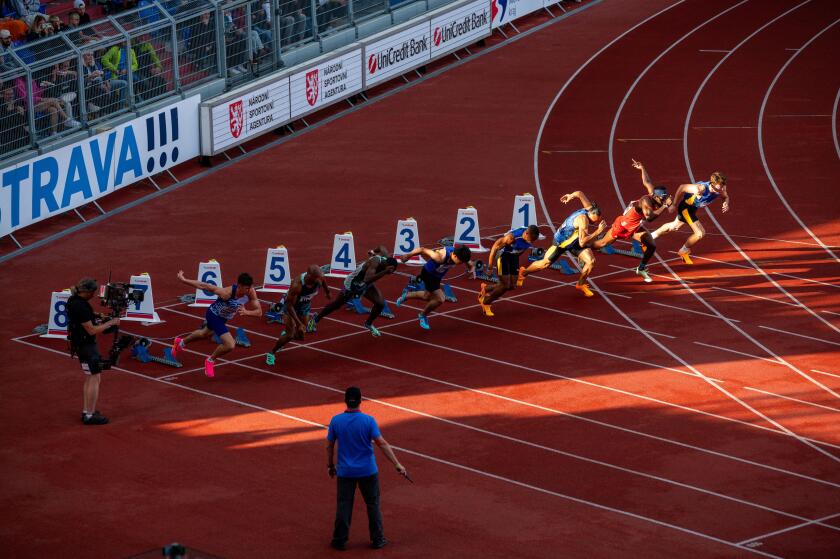 OSTRAVA, CZECHIA, JUNE 27, 2023: Sprint start at Track and Field Contest for Worlds in Budapest and Games in Paris