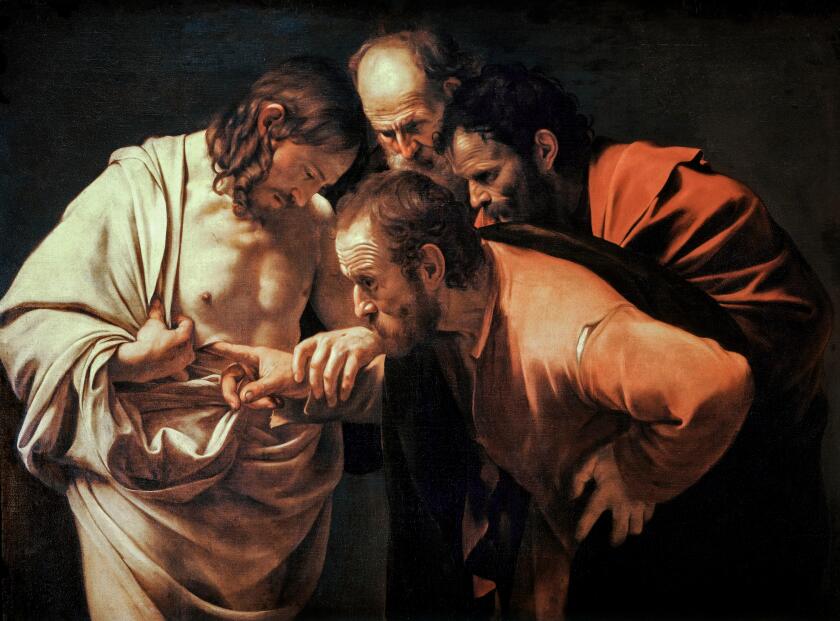 Caravaggio, Doubting Thomas, (The Incredulity of Saint Thomas), Baroque painting, 1601-1602