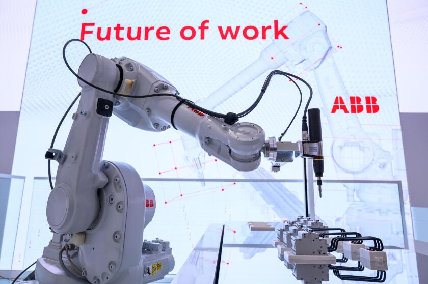 Hanover, Germany. 31st Mar, 2019. 31 March 2019, Lower Saxony, Hannover: At a booth of the technology company ABB there is a robot. From 1 to 5 April, everything at Hannover Messe will revolve around networking, learning machines and the Internet of Thing