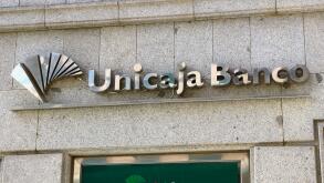 Sign Spanish bank Unicaja full name Monte de Piedad y Caja de Ahorros de Ronda, Cadiz, Almeria, Malaga y Antequera Valladolid Castile and Leon Spain