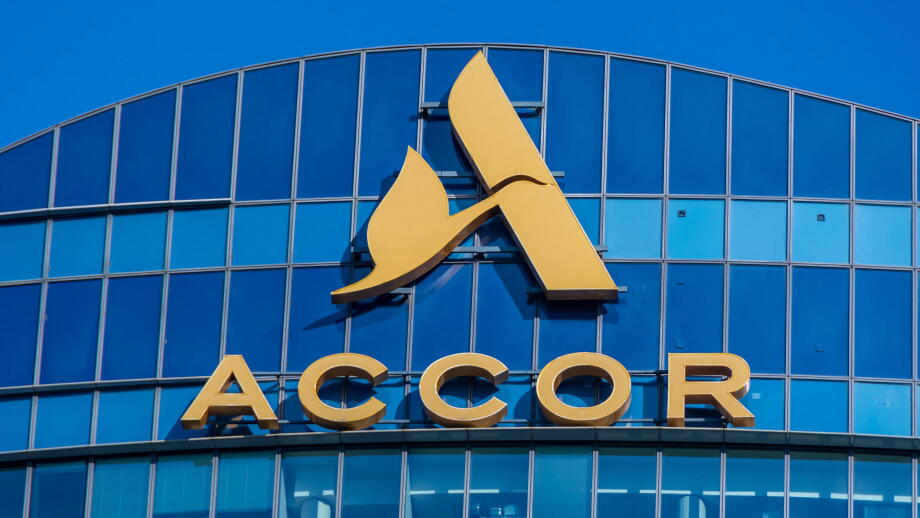 Sign on top of the Sequana tower, headquarters of Accor, a French hotel group with a worldwide presence, Issy-les-Moulineaux, France