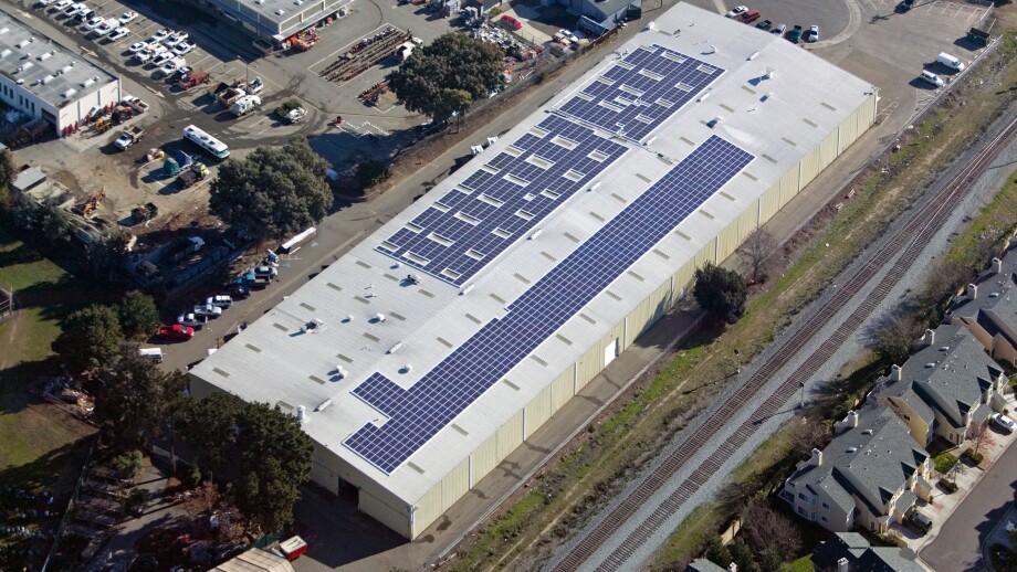 aerial above solar powered warehouse  Hayward, California San Francisco bay area