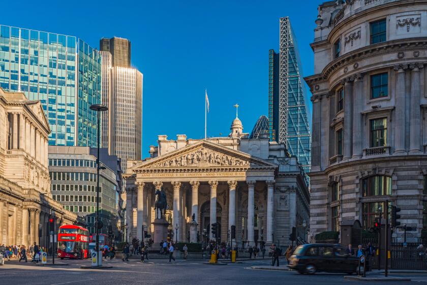 UK, England, London, The City, Bank of England (left) and the Royal Exchange, Tower 42 (formerly NatWest Tower) and The Cheesegrater (122 Leadenhall Street) in background