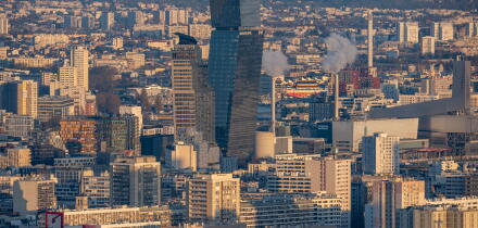 Paris, France - 03 03 2026: Montparnasse Tower: View of tower BPCE Est at sunset from the rooftop