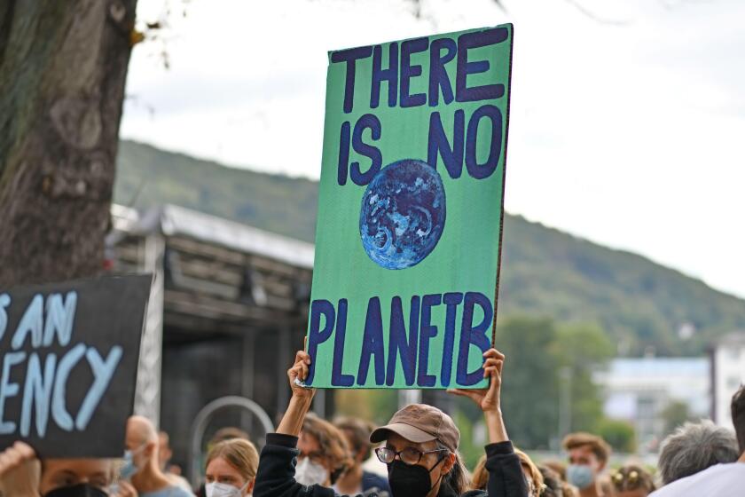 Heidelberg, Germany - 24th September 2021: Protest sign saying `'There is no Planet B' at Global Climate Strike demonstration