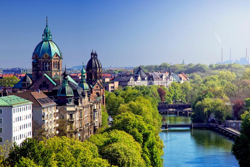 Munich skyline and Isar river