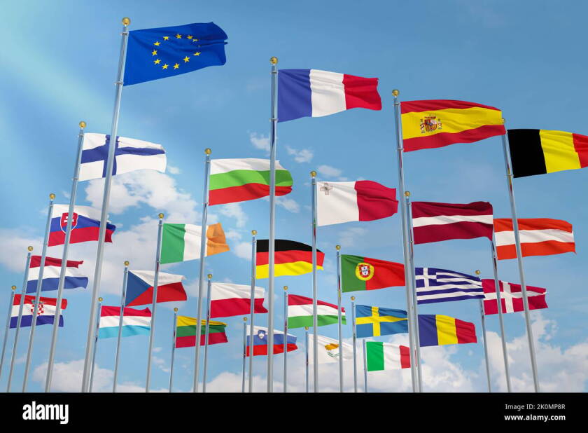 The flag of the European Union with the flags of the European Union waving in the sky ,Close-up