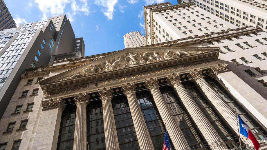 Facade of New York Stock Exchange, nicknamed The Big Board, American stock exchange in the Financial District, Wall Street, Lower Manhattan, New York
