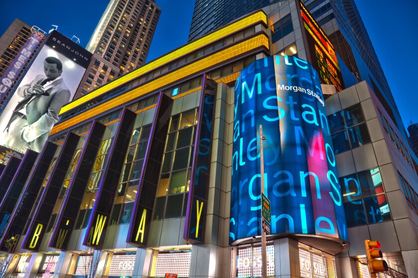 Morgan Stanley global headquarters at night at 1585 Broadway in Manhattan, New York City