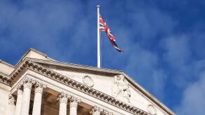 Union jack flag over the Bank of England, Threadneedle st, City of London, England.