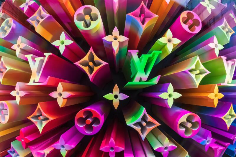 England, London, City of London, Louis Vuitton Store, Detail of Colourful Window Display