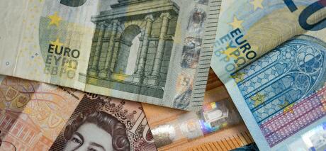 Pounds and Euros of various denominations at a closeup